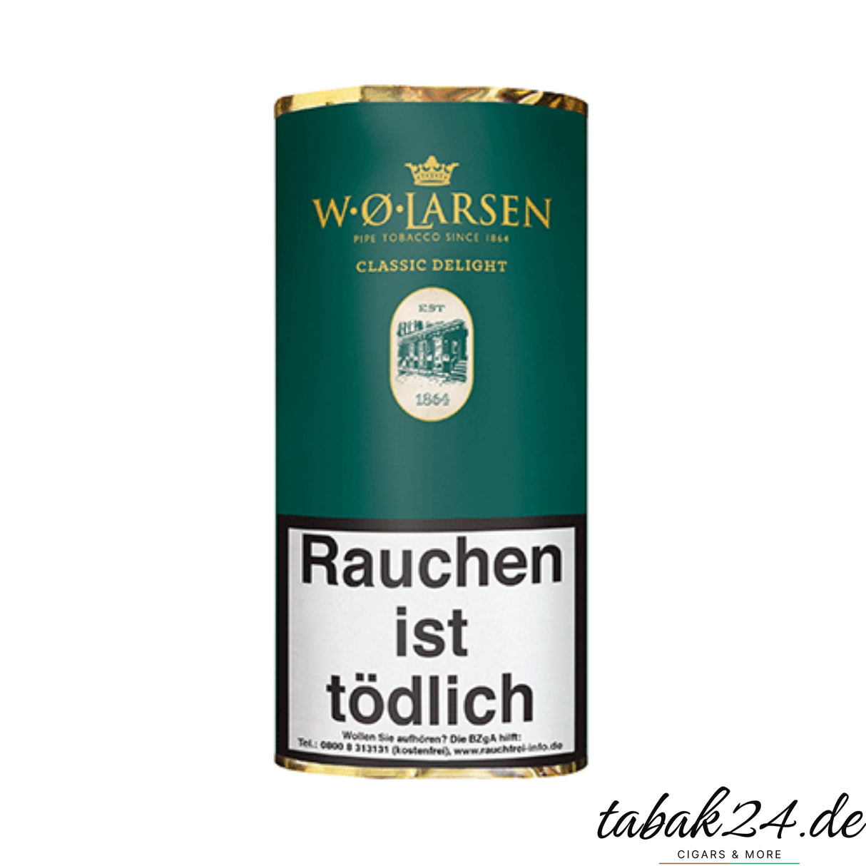 W.Ø. Larsen Classic Delight Pfeifentabak in grünem Pouch mit Warnhinweis
