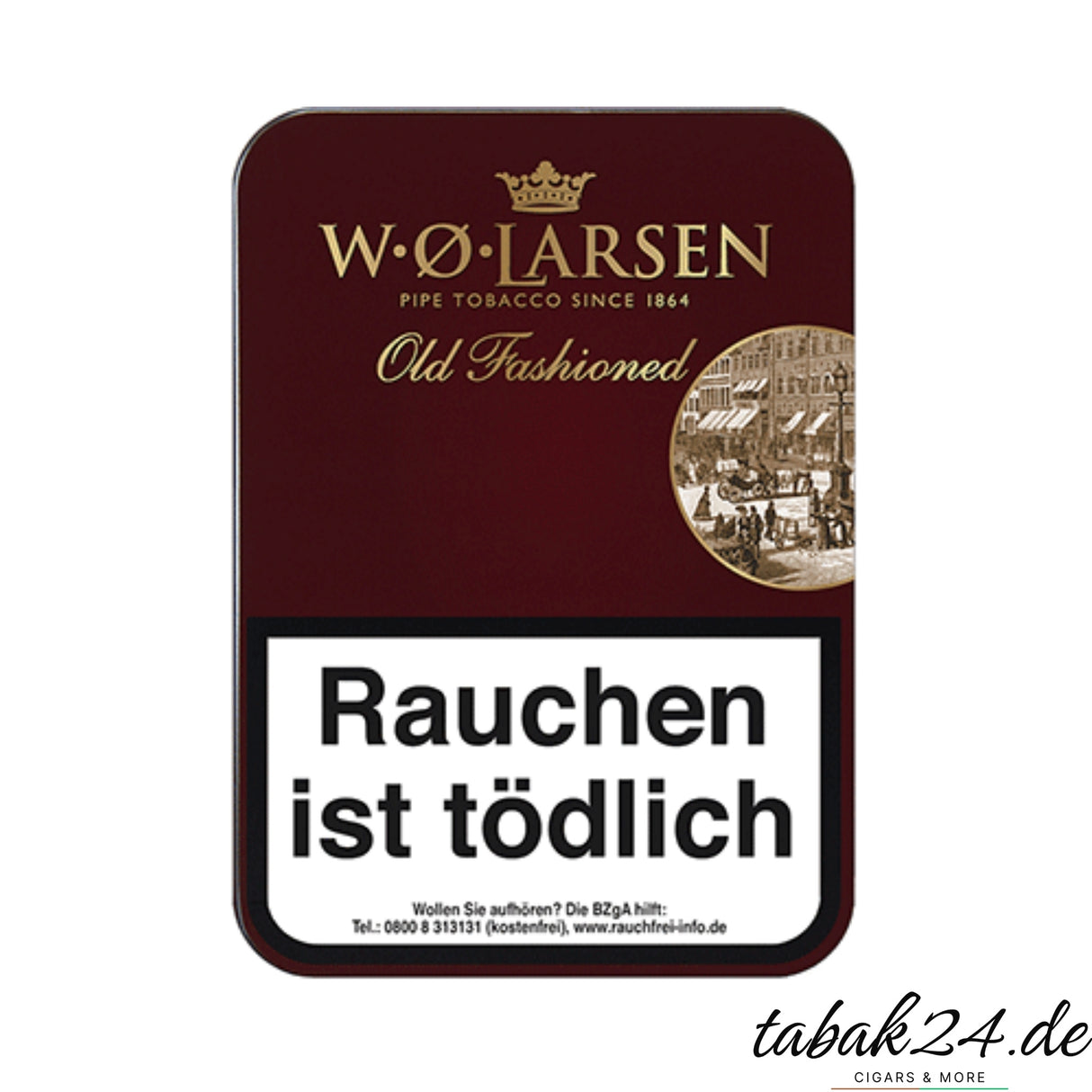 W.Ø. Larsen Old Fashioned Pfeifentabakdose in Dunkelrot mit Stadtmotiv