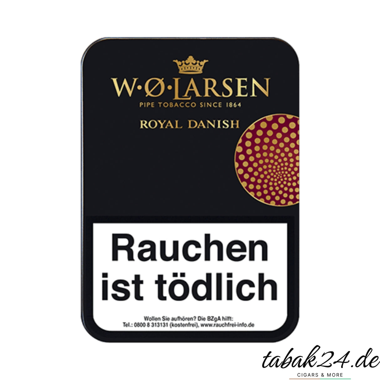 W.Ø. Larsen Royal Danish Pfeifentabakdose in Schwarz mit gold-rotem Punktmuster