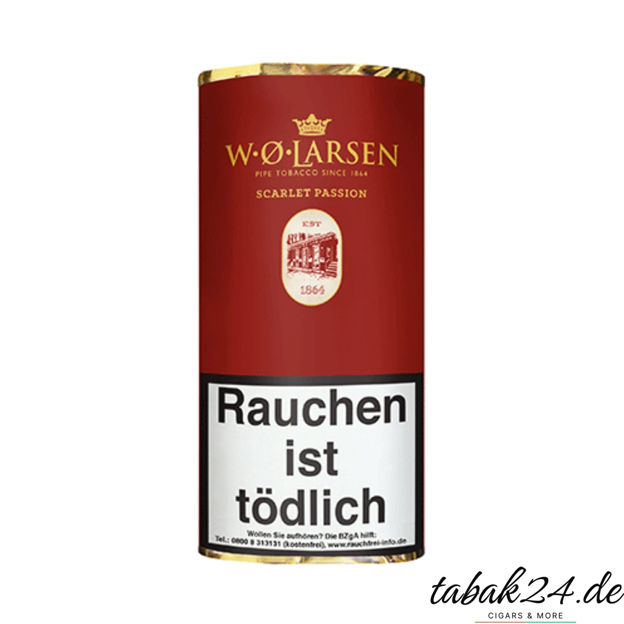W.Ø. Larsen Scarlet Passion Pfeifentabak in roter Verpackung mit goldener Prägung