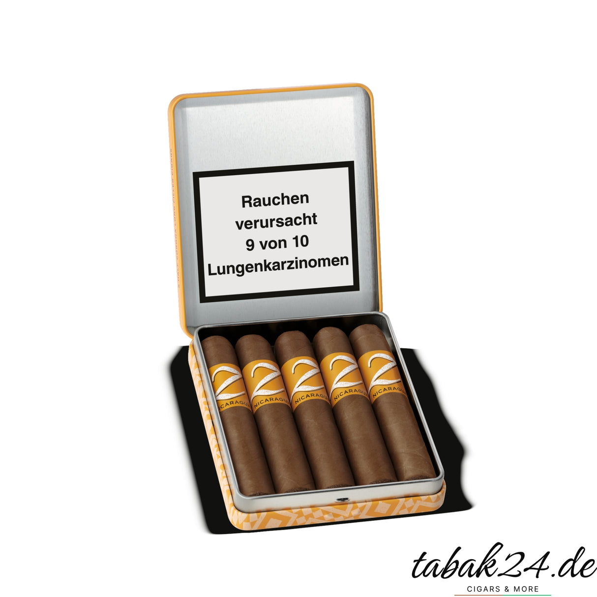 Offene Dose der Zino Half Corona mit fünf Zigarren, Nahaufnahme