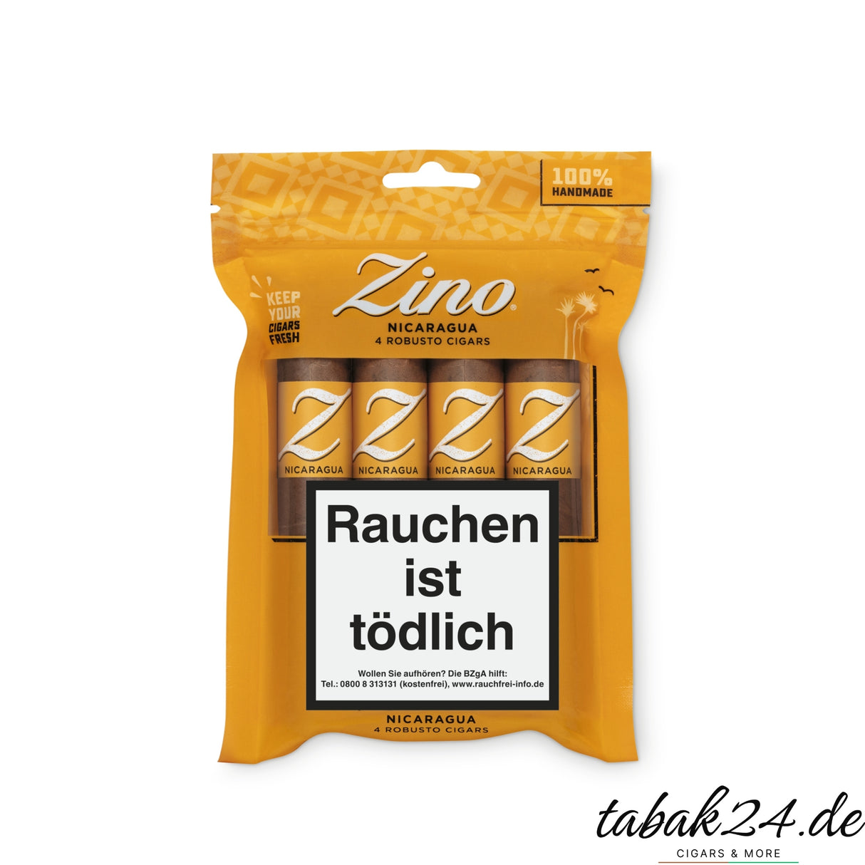 Zino Nicaragua Robusto 4er Packung im Frischebeutel, gelb mit Sichtfenster