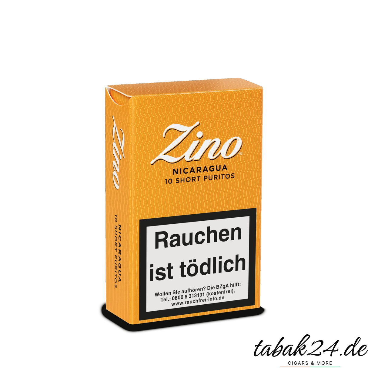 Seitliche Ansicht der geschlossenen Zino Short Puritos Packung mit Warnhinweis