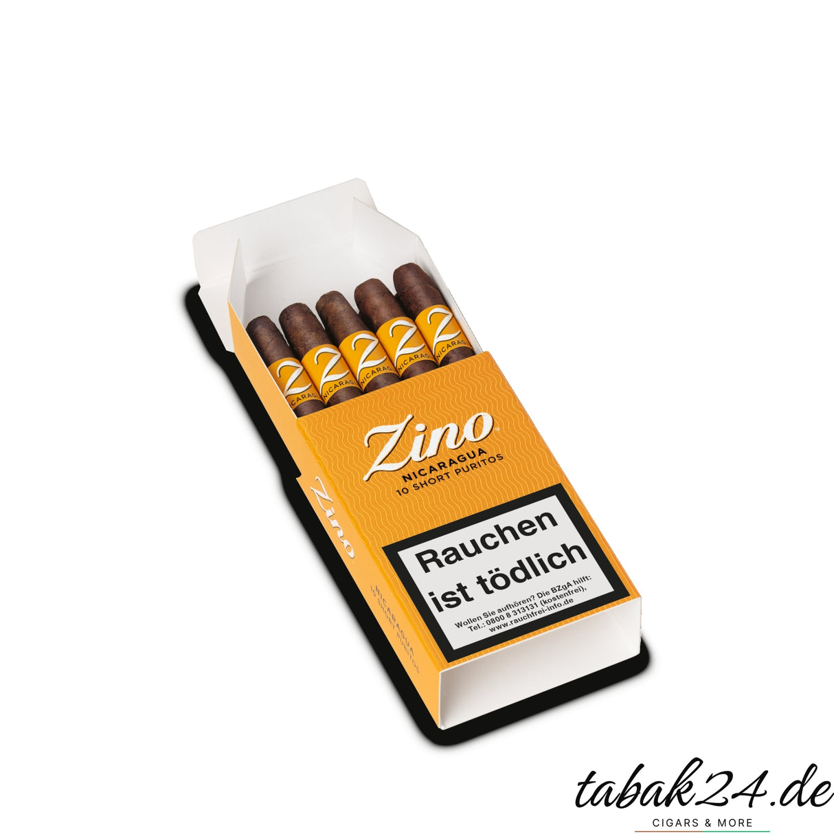 Offene Packung Zino Short Puritos mit 10 Mini-Zigarren in gelber Box