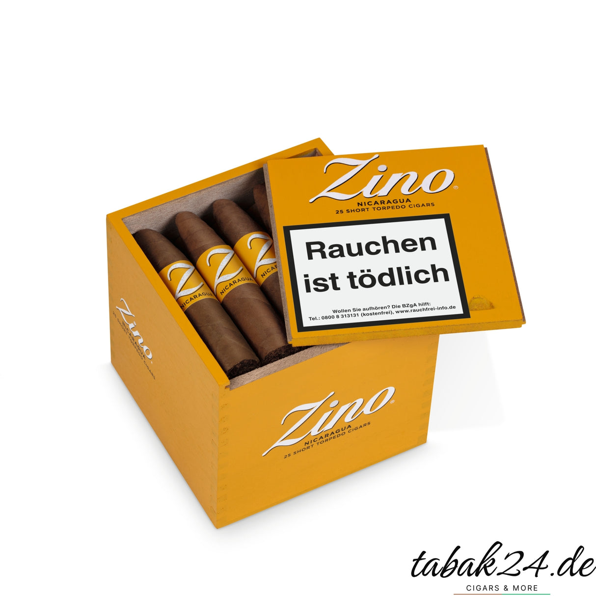 Geöffnete Kiste mit Zino Nicaragua Short Torpedo Zigarren im klassischen Figurado-Stil