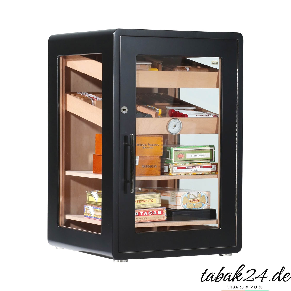 Adorini Bari Deluxe – Humidorschrank schwarz, Seitenansicht mit Zedernholz-Einlegeböden