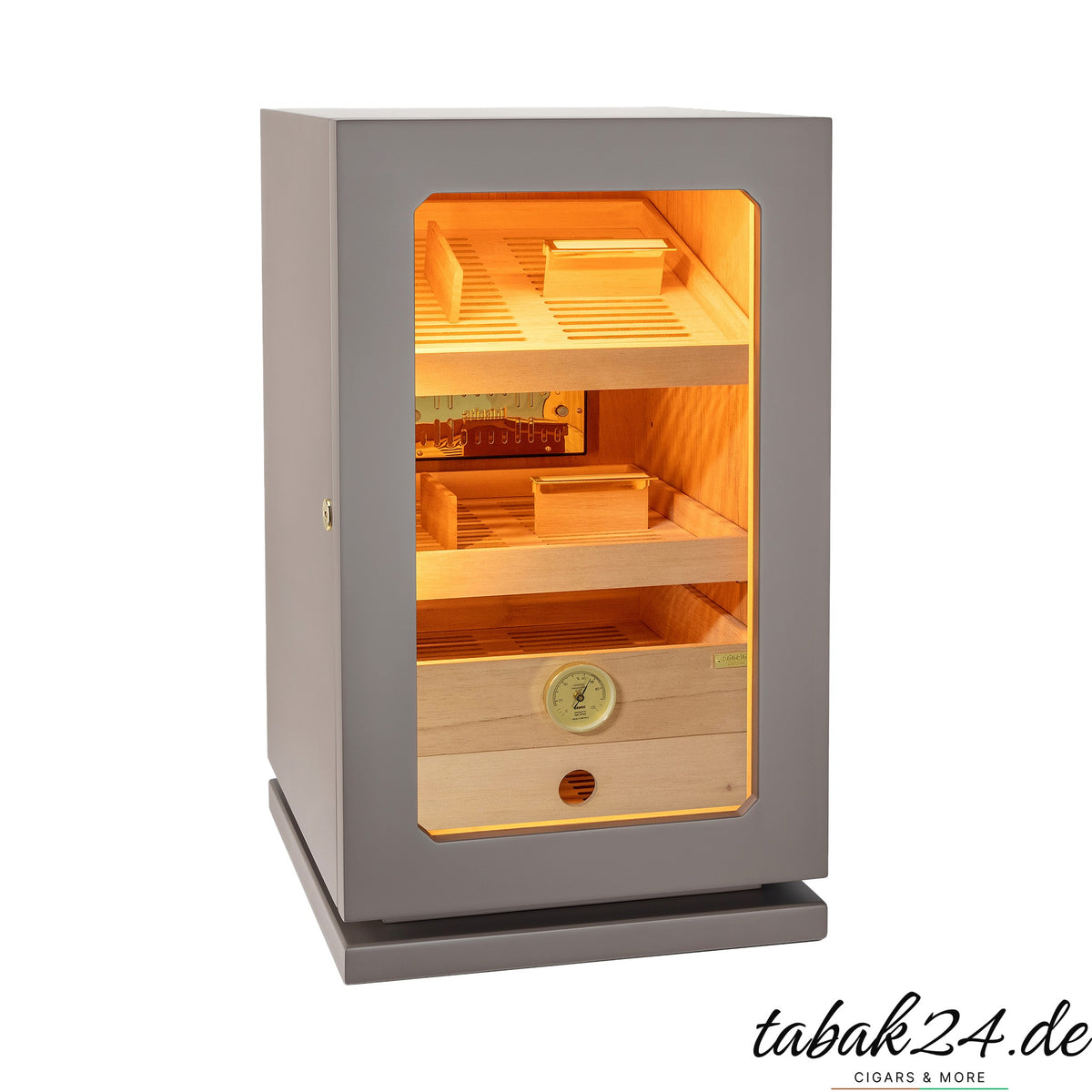 Adorini Lumina Grande Deluxe Light Grey – Humidorschrank mattgrau, Innenraum mit Trays und Schubladen