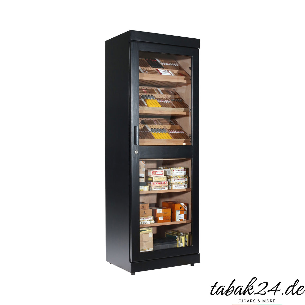 Adorini Roma Humidorschrank schwarz mit Glastür, befüllt mit Zigarrenkisten