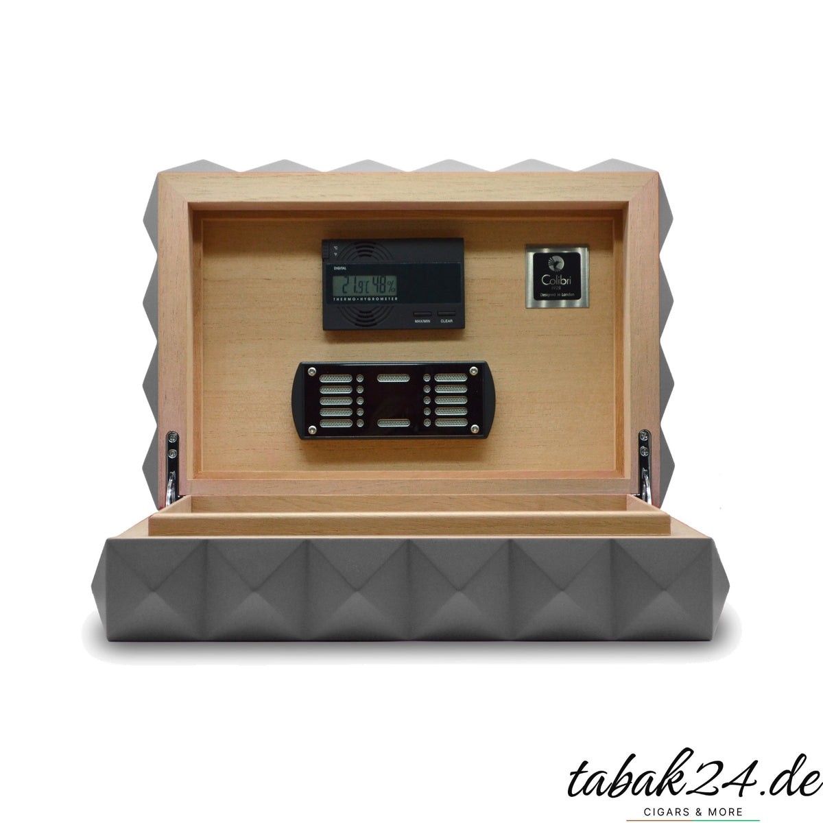 Colibri Desktop Humidor Quasar Gunmetal, geöffnet mit Hygrometer und Befeuchter