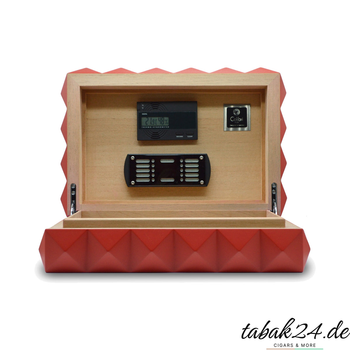Colibri Desktop Humidor Quasar rot, geöffnet mit Hygrometer und Befeuchter