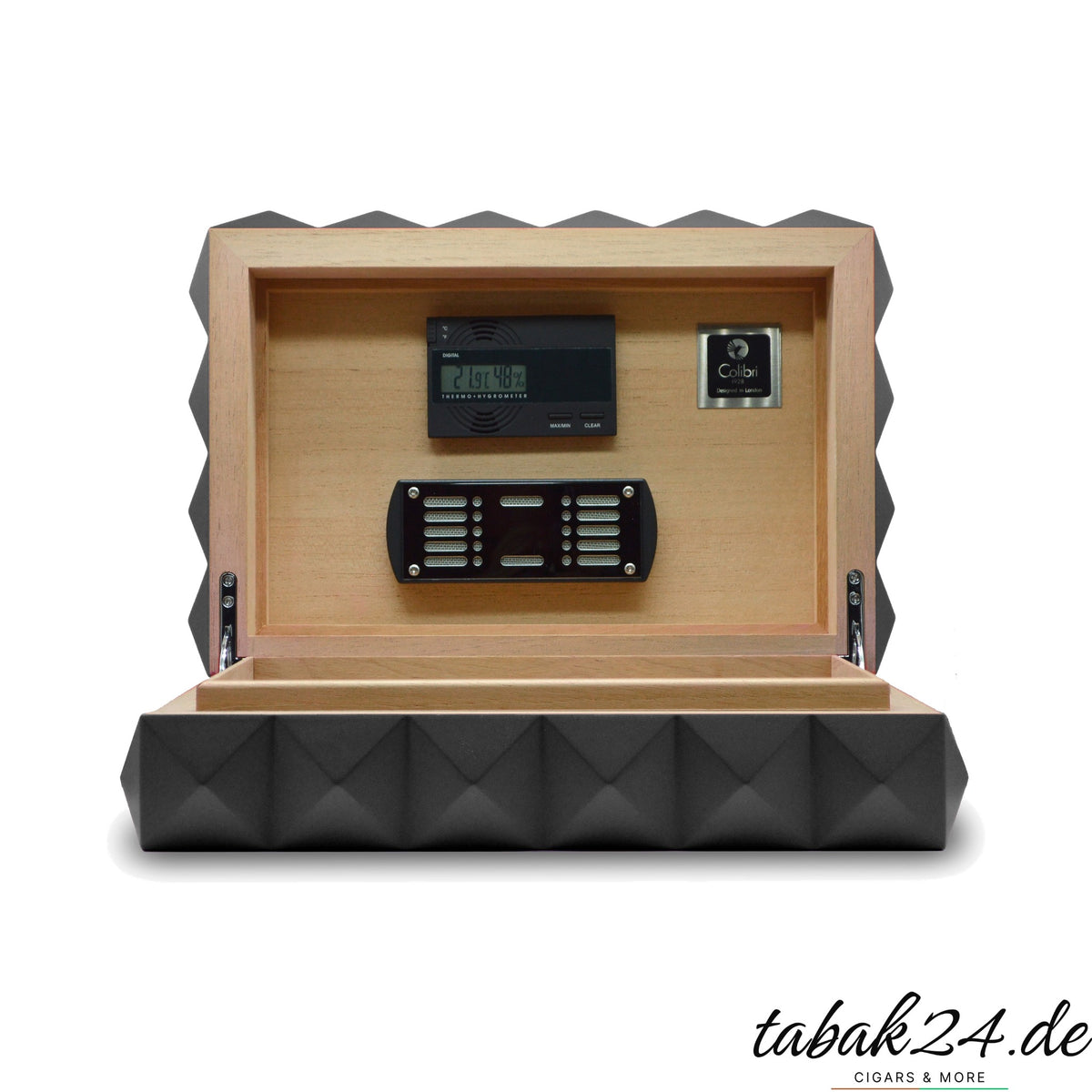 Colibri Desktop Humidor Quasar schwarz, geöffnet mit Hygrometer und Befeuchter