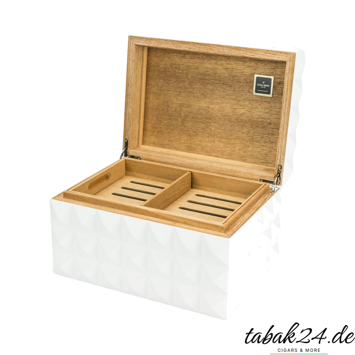 Colibri Humidor Grand Quasar weiß, geöffnet mit Tablett