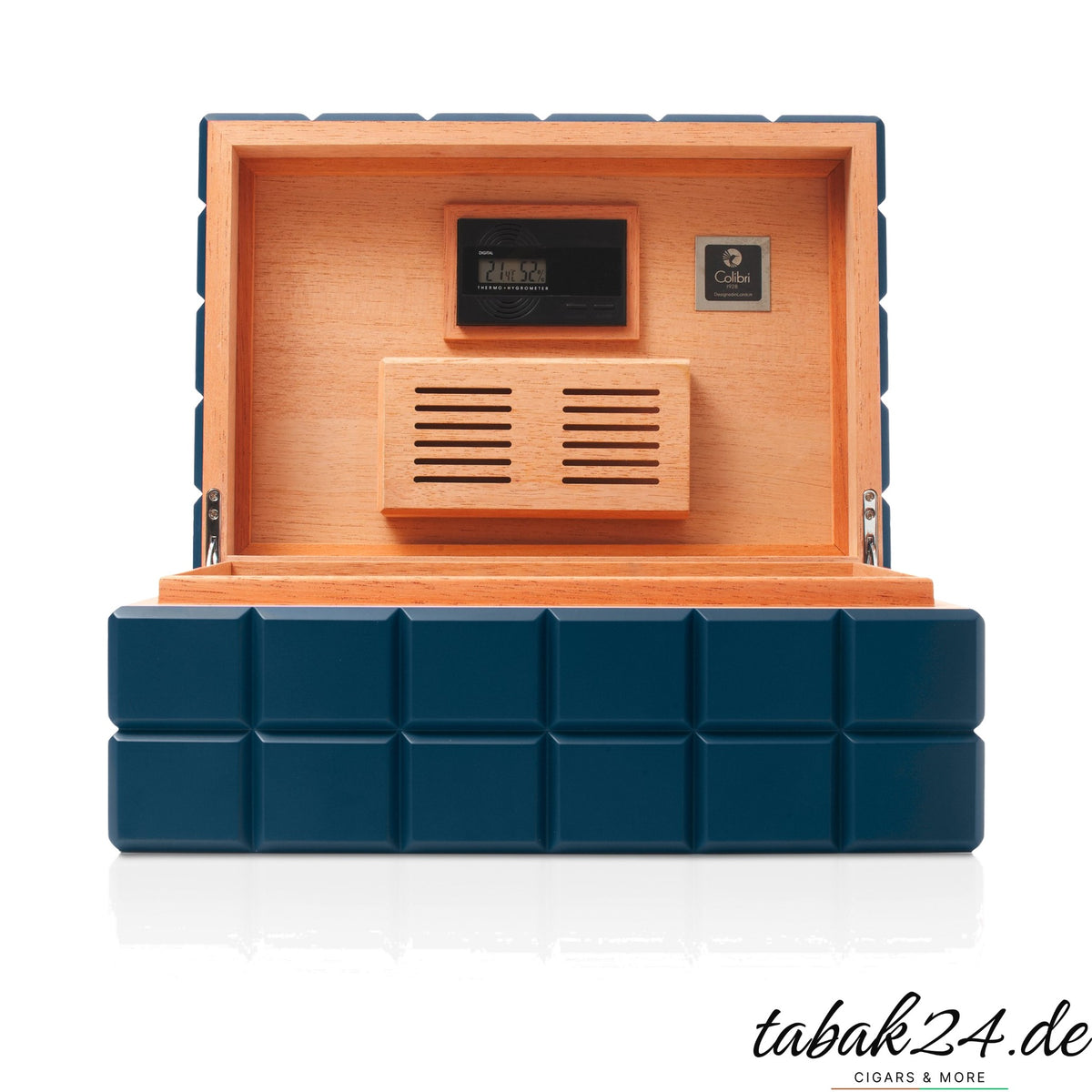 Colibri Humidor Heritage blau, geöffnet mit Hygrometer