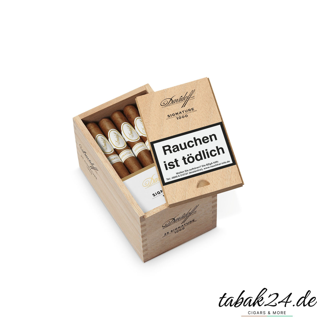 Geöffnete 25er Zigarrenkiste Davidoff Signature 1000 mit liegenden Zigarren