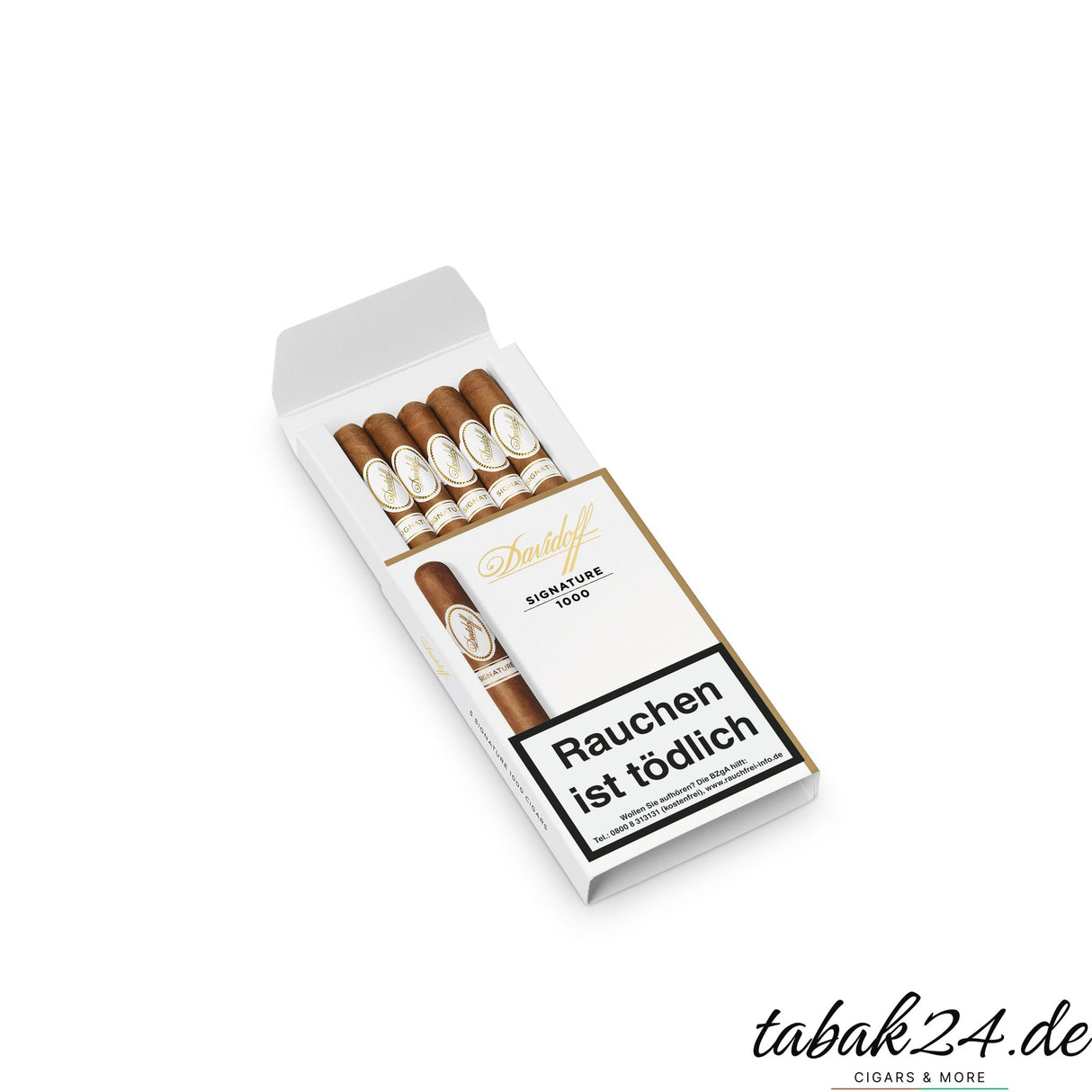 Geöffnete 5er Packung Davidoff Signature 1000 mit fünf Cigarren sichtbar