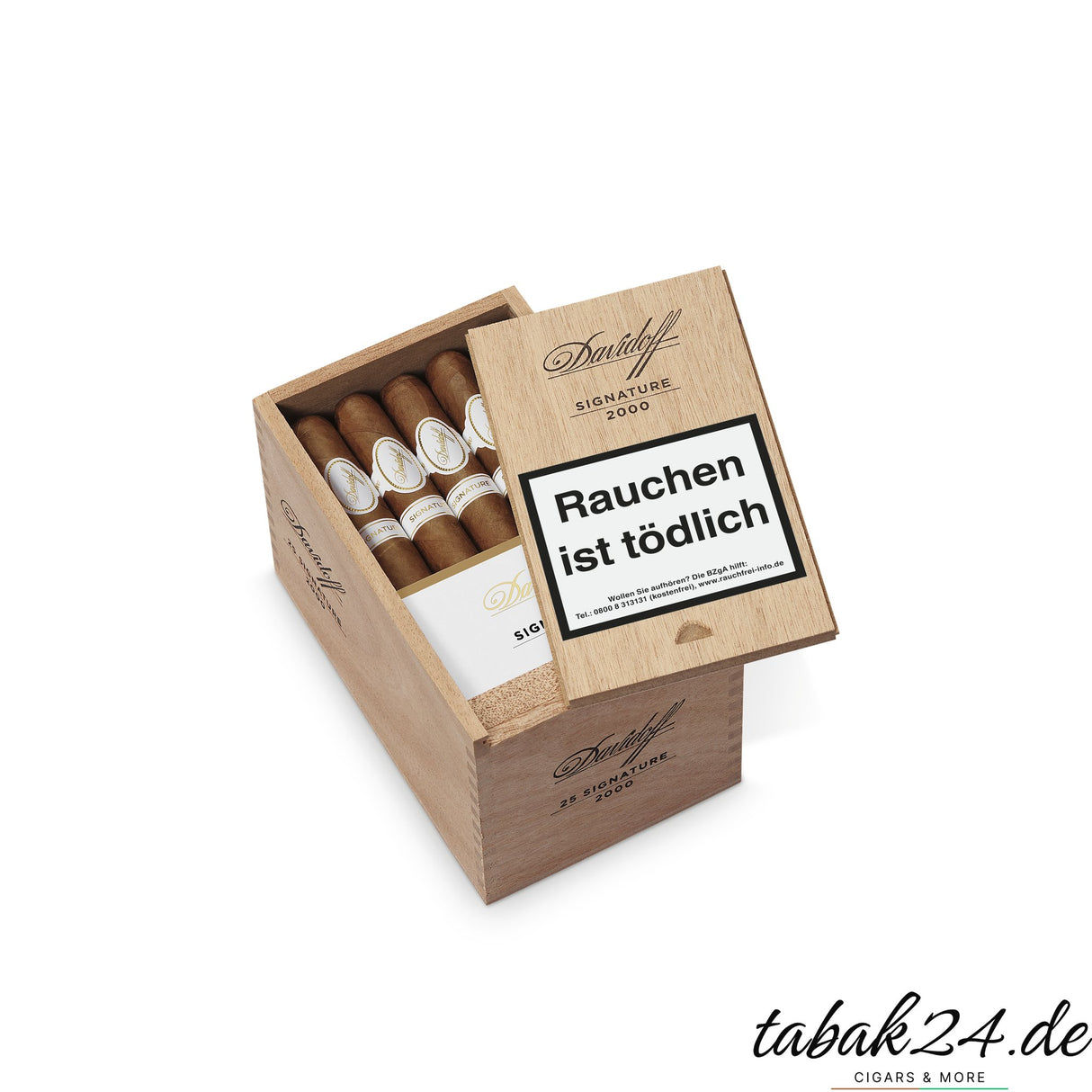 Geöffnete Davidoff Signature 2000 Holzbox mit Zigarren im Inneren