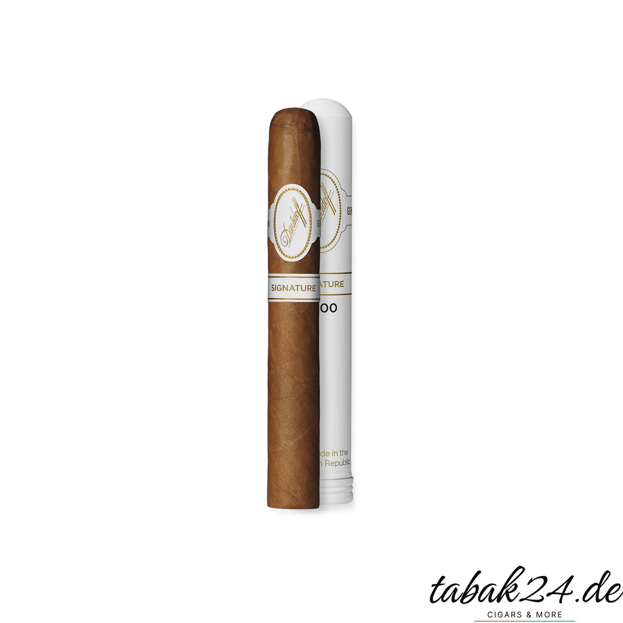 Davidoff Signature 2000 Cigarre vor Aluminiumtube vor weißem Hintergrund
