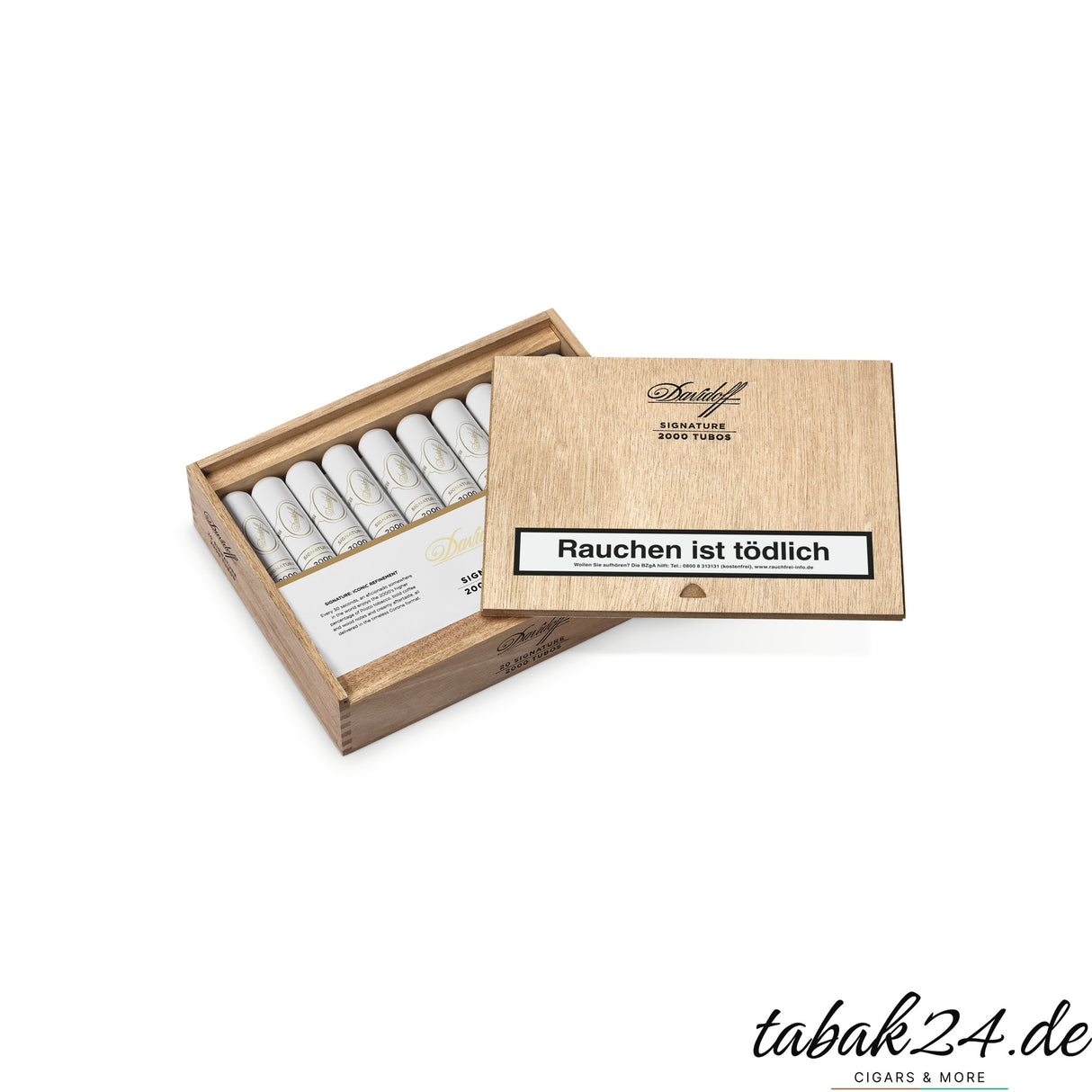 Geöffnete Holzkiste mit Tubos der Davidoff Signature 2000 Corona-Zigarre