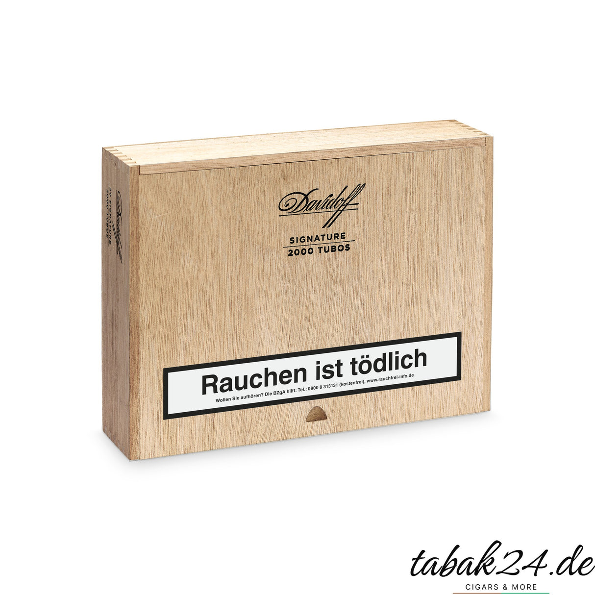 Geschlossene Holzkiste Davidoff Signature 2000 Tubos mit Warnhinweis