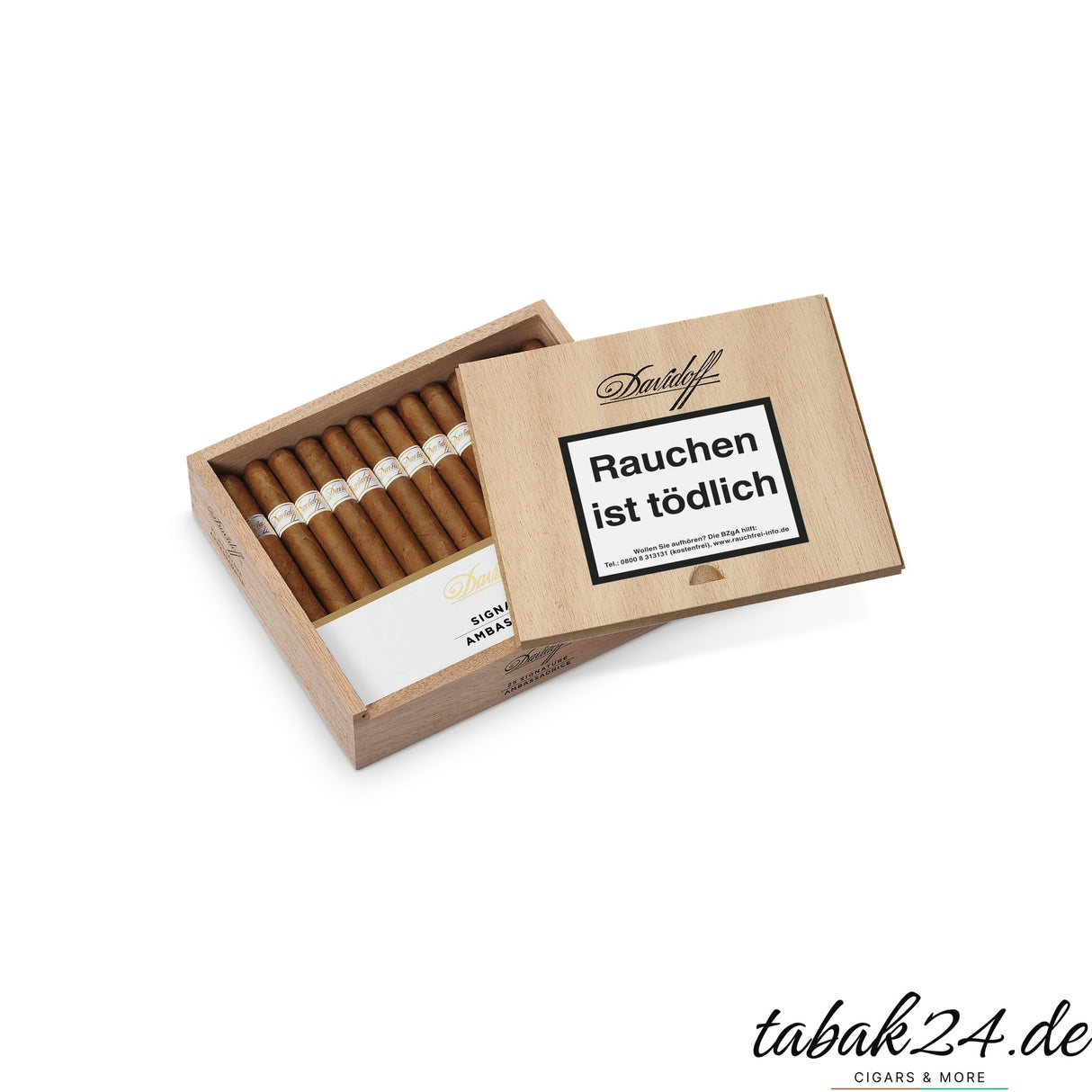 Geöffnete Kiste mit 25 Davidoff Ambassadrice Zigarren im Inneren