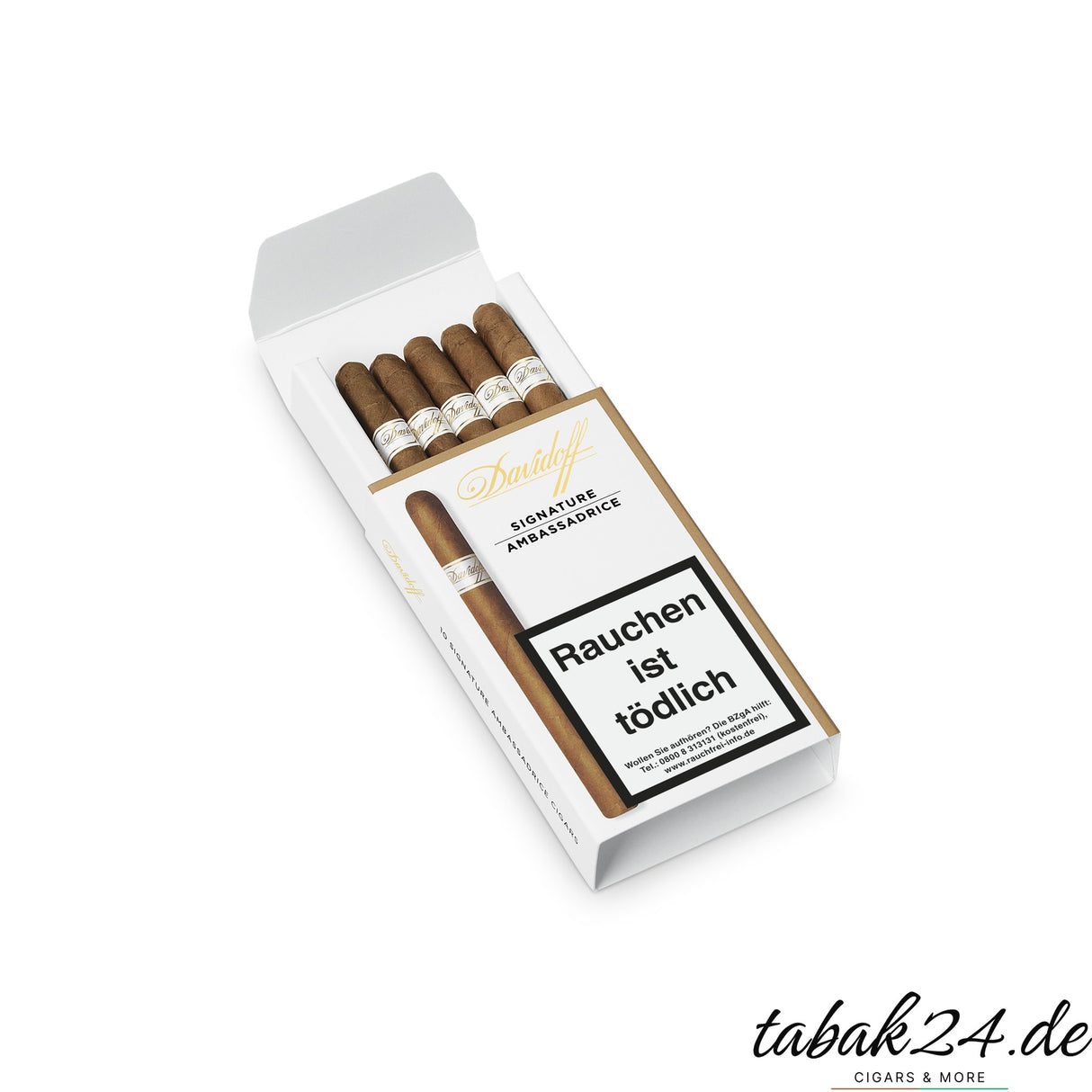 Geöffnete 10er-Packung Davidoff Ambassadrice mit schlanken Zigarren sichtbar
