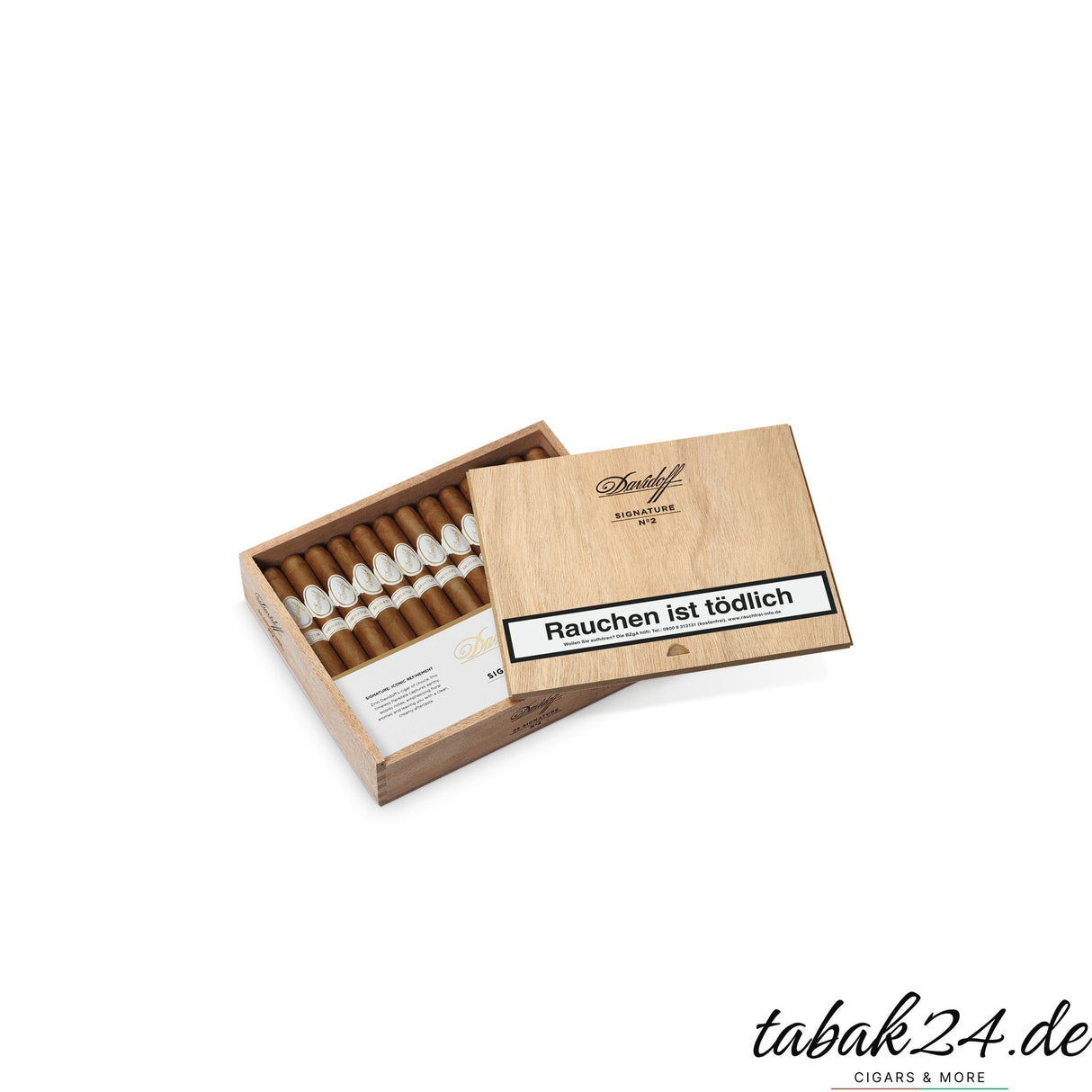 25er-Holzbox Signature No. 2 offen, mit sichtbarem Inhalt und Deckel