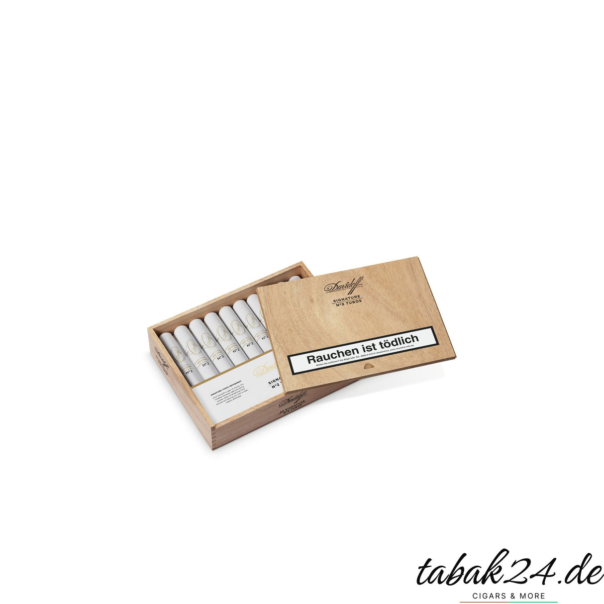 Geöffnete Holzkiste Davidoff Signature No. 2 Tubos mit 20 einzeln verpackten Zigarren