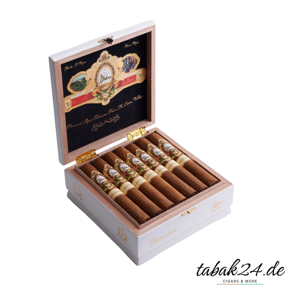 Offene Kiste mit 20 La Galera Connecticut El Lector Toro Zigarren in weißem Holzkaste