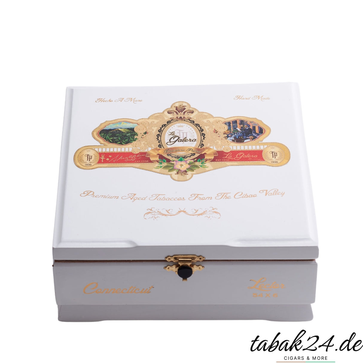 Weiße Zigarrenkiste der La Galera El Lector Toro mit goldenen Details und Logo