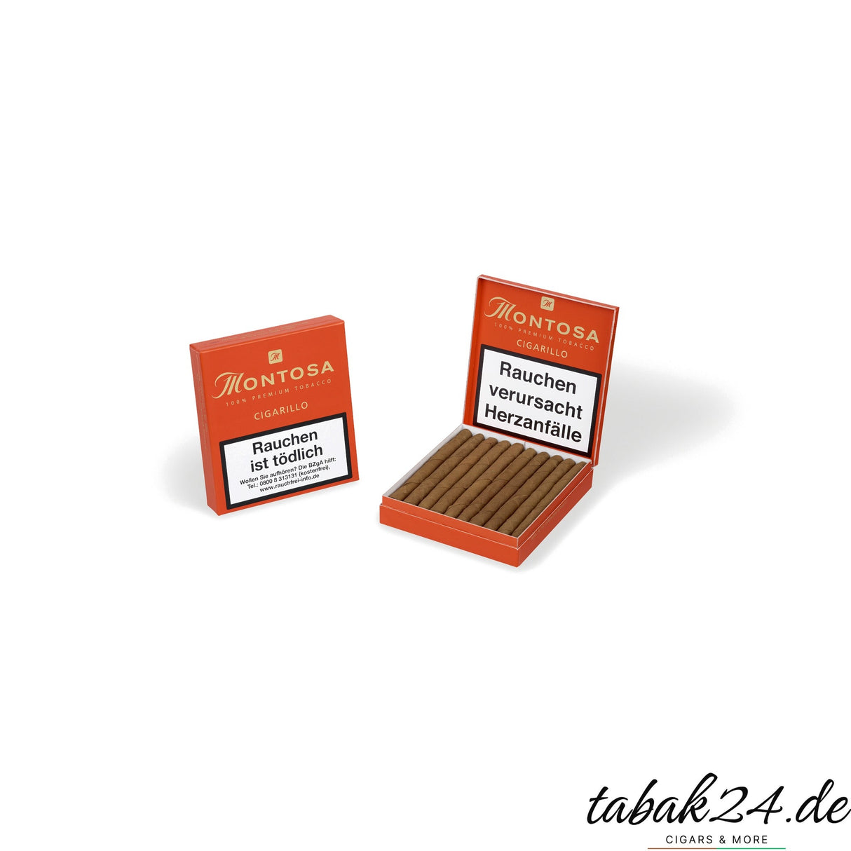 Montosa Cigarillo Packung geschlossen und geöffnet mit sichtbaren Zigarillos