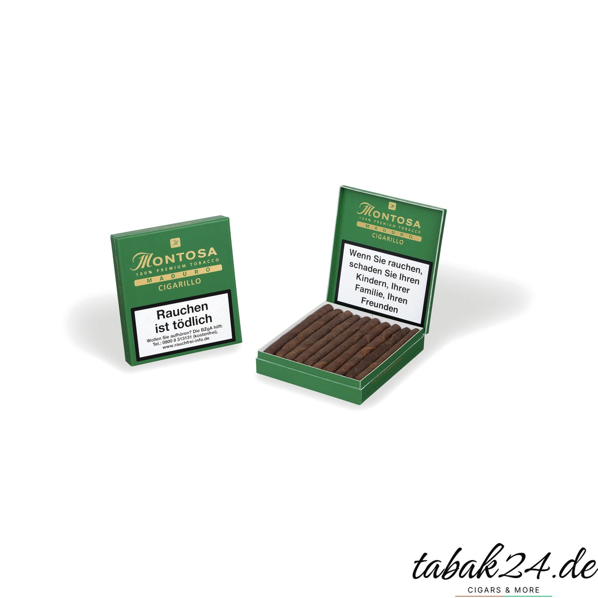 Montosa Maduro Cigarillo Packung geschlossen und geöffnet mit sichtbaren Zigarillos