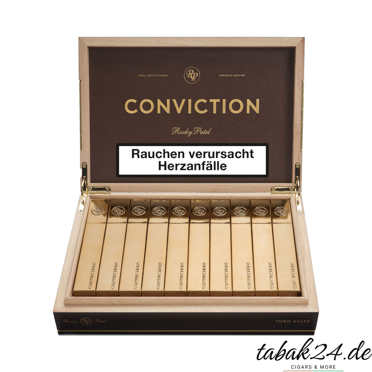 Rocky Patel Conviction Toro - 10er Kiste geöffnet mit goldenen Tuben