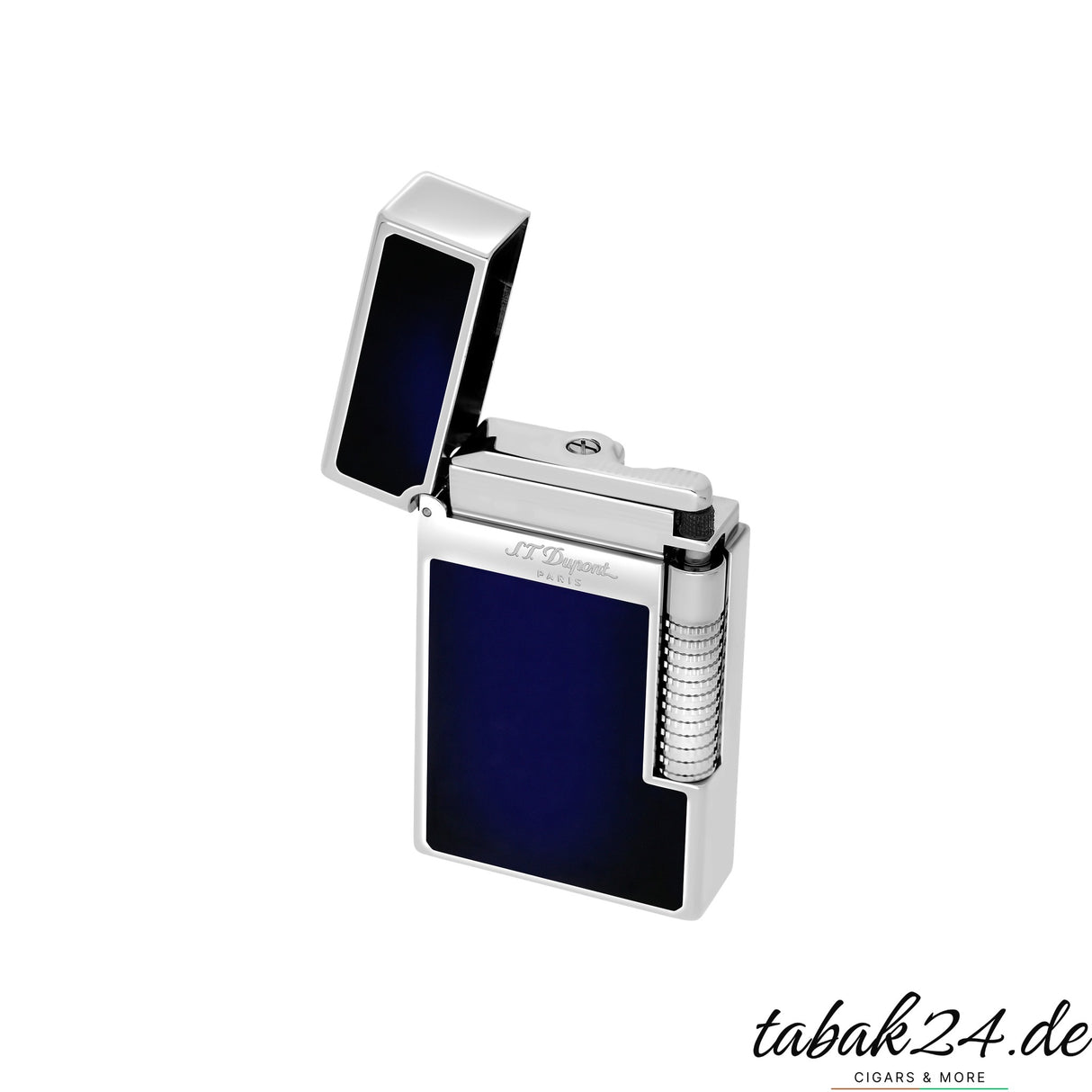 S.T. Dupont Le Grand C23013N Sunburst Blau Palladium – Schrägansicht mit S.T. Dupont Paris Gravur