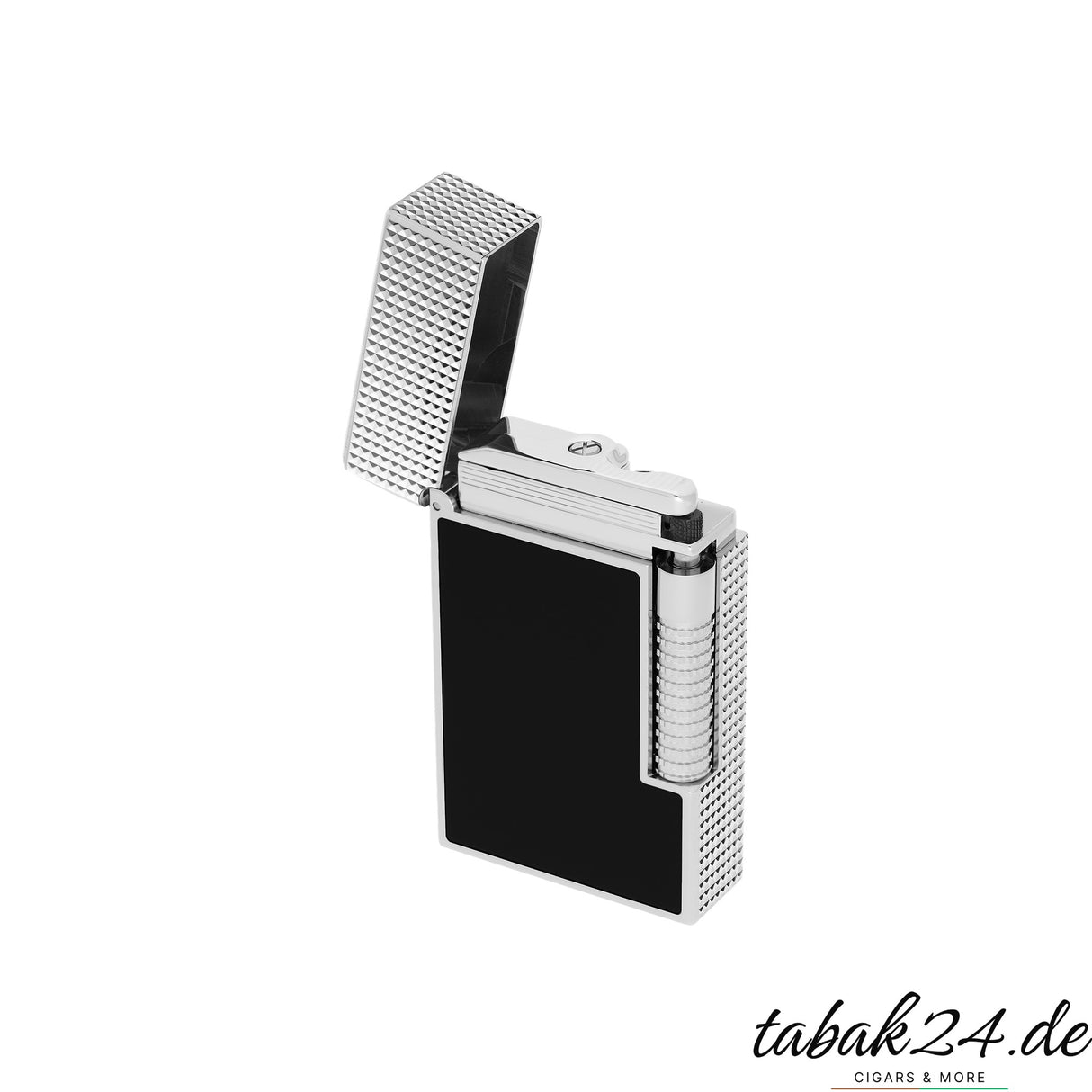 S.T. Dupont Le Grand C23780CL Schwarz Guilloche Palladium – Geöffnet mit sichtbarem Zündmechanismus