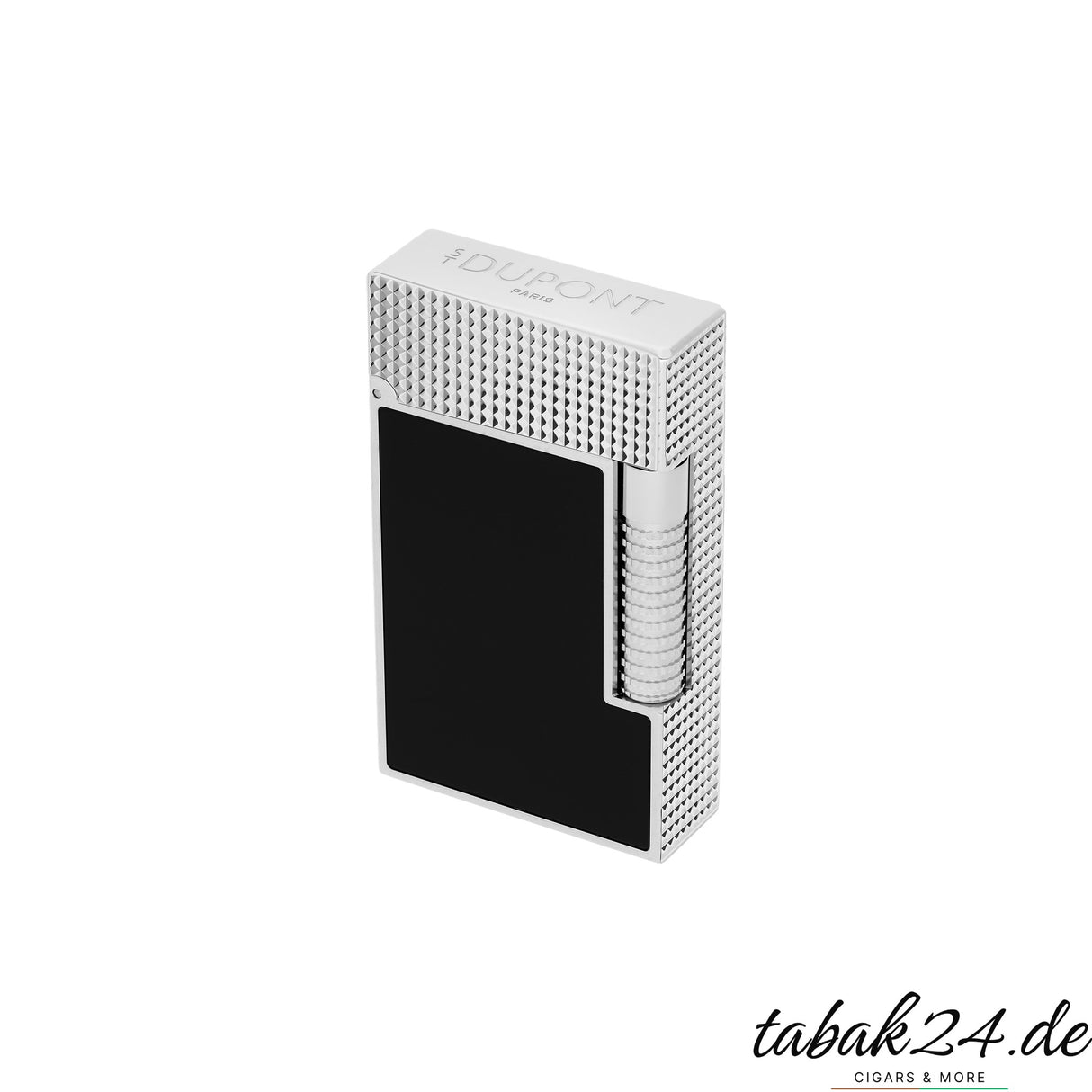 S.T. Dupont Le Grand C23780CL Schwarz Guilloche Palladium – Schrägansicht mit S.T. Dupont Paris Gravur