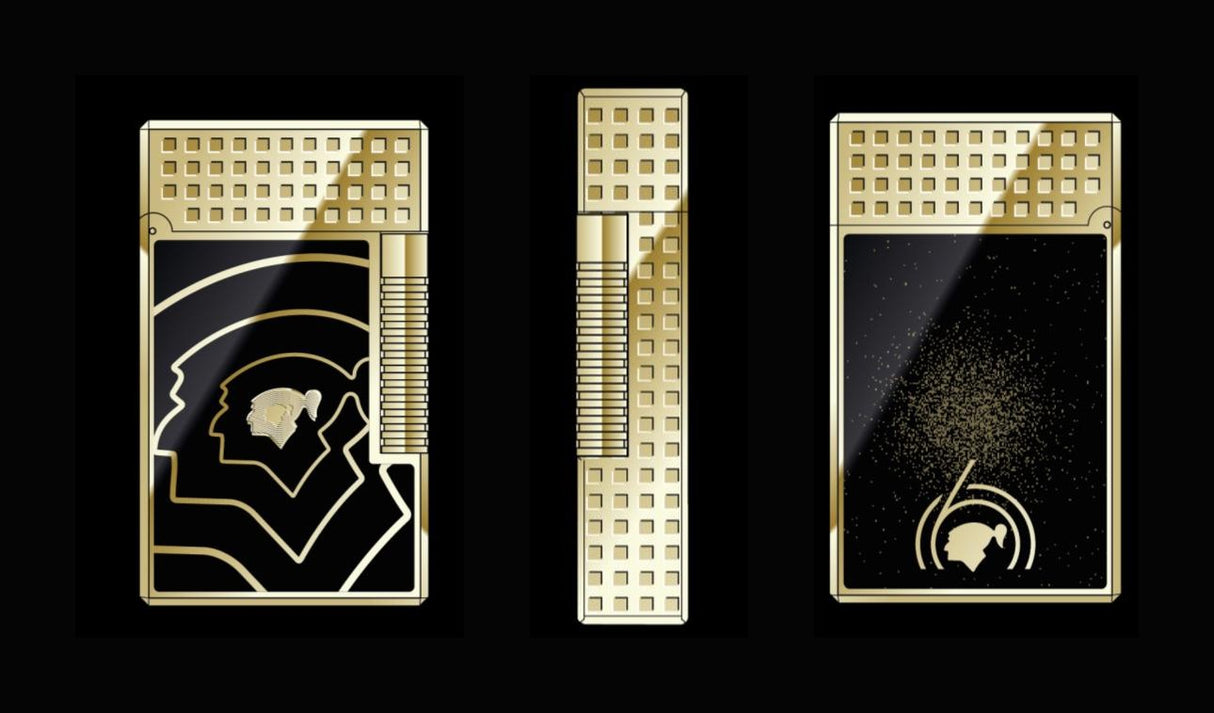 S.T. Dupont Le Grand Cohiba 60 Feuerzeug – Vorderseite, Seitenprofil und Rückseite mit Goldstaub-Dekor