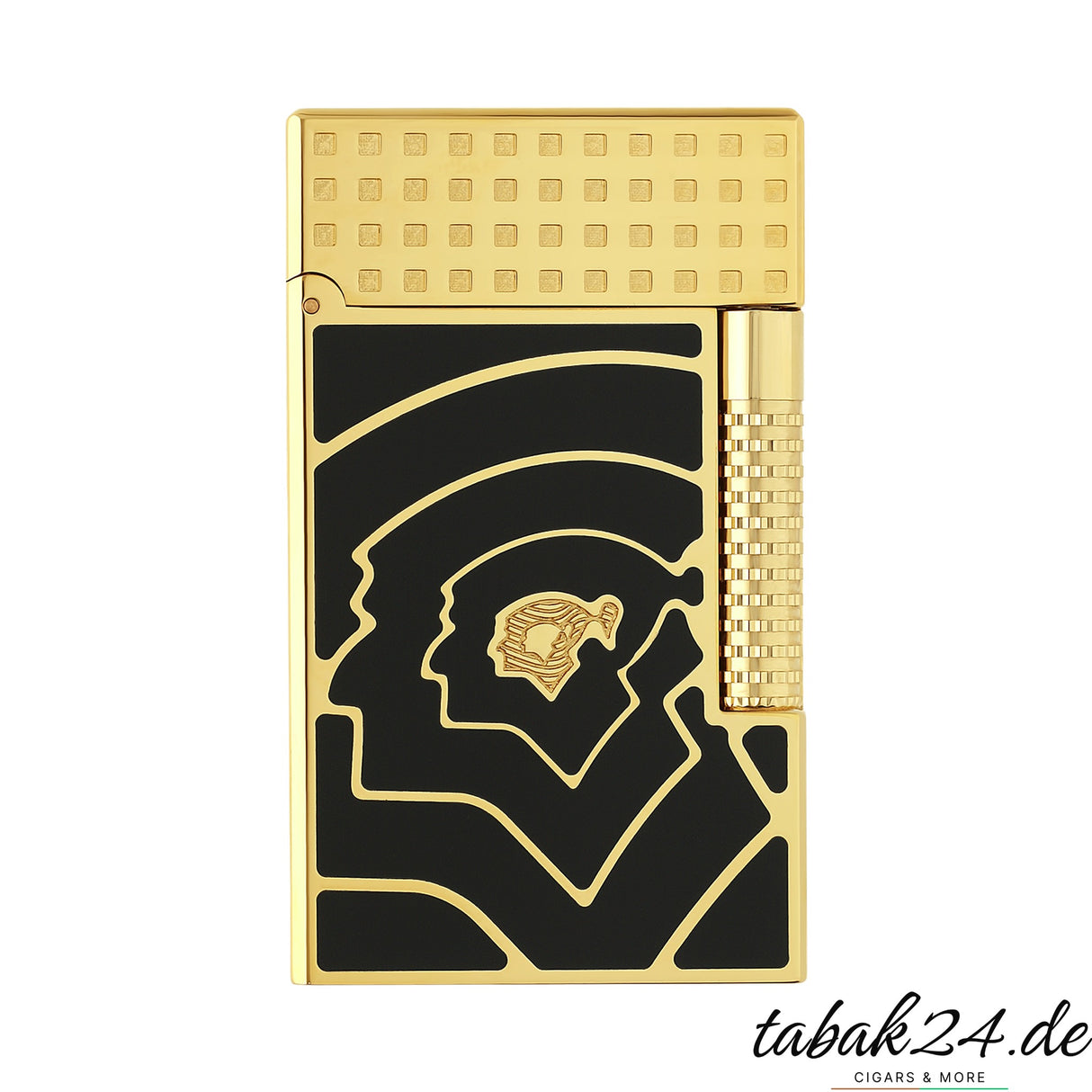 S.T. Dupont Le Grand Cohiba 60th Anniversary Feuerzeug – Vorderansicht mit Indianerkopf-Gravur in Gold und schwarzem Lack