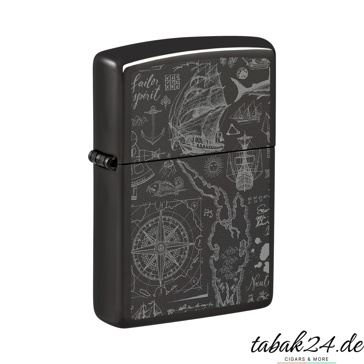Zippo Nautical Pattern – Sturmfeuerzeug Schwarz poliert mit Seekarten-Gravur