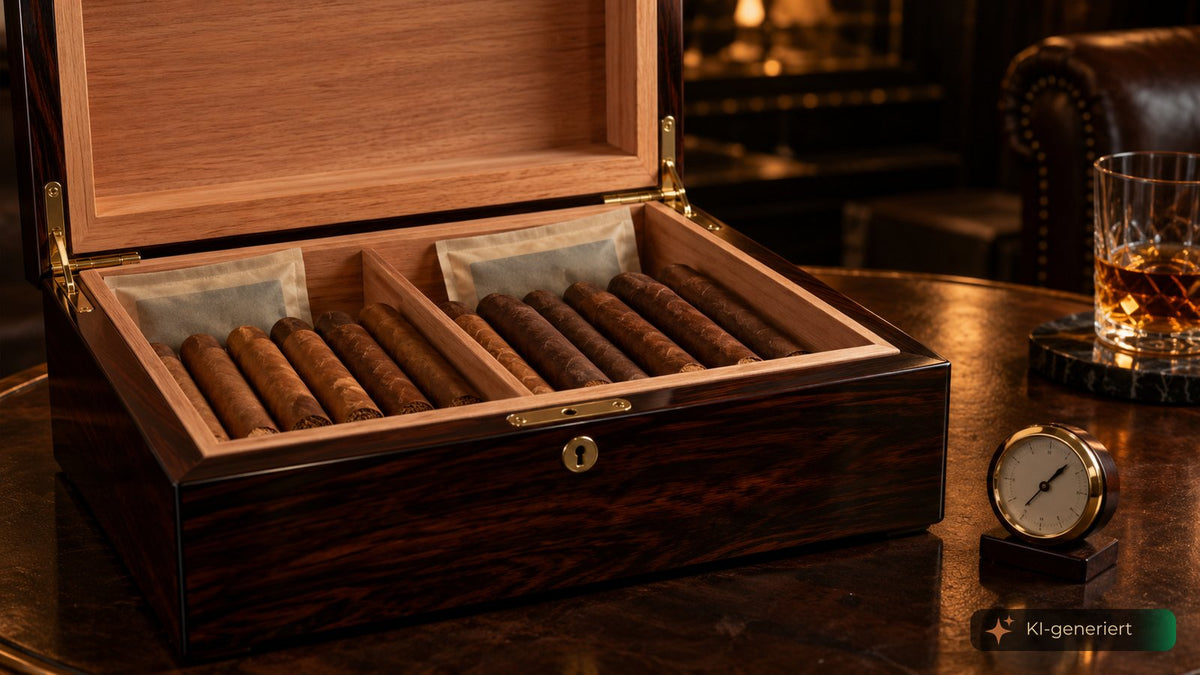 KI-generiertes Bild: Geöffneter Humidor mit Zigarren und Feuchtigkeitspacks, daneben ein Hygrometer