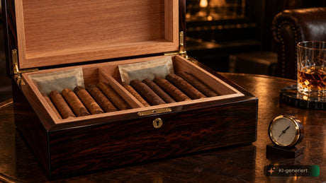 KI-generiertes Bild: Geöffneter Humidor mit Zigarren und Feuchtigkeitspacks, daneben ein Hygrometer