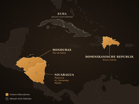 Karte der Karibik und Mittelamerikas: Kuba als aktuell nicht lieferbar markiert, Nicaragua, Honduras und die Dominikanische Republik als Herkunftsländer unserer Alternativen