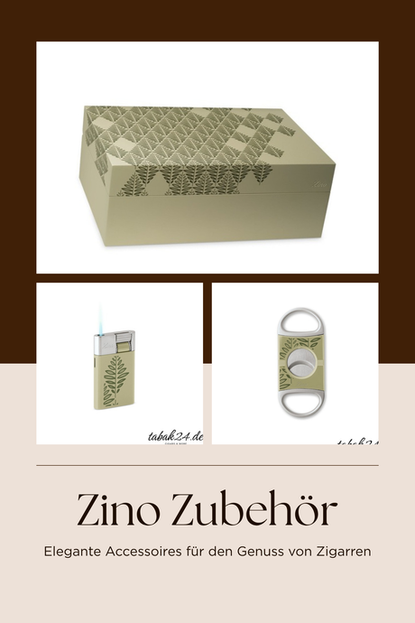 Zino Zubehör Collage: Humidor, Feuerzeug, Zigarrenabschneider, Etui und Aschenbecher