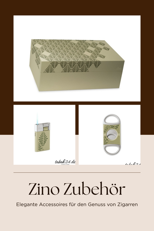 Zino Zubehör Collage: Humidor, Feuerzeug, Zigarrenabschneider, Etui und Aschenbecher