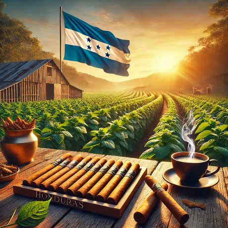 Honduras Zigarren – Tabakplantage mit Flagge, Zigarren und Kaffee bei Sonnenaufgang