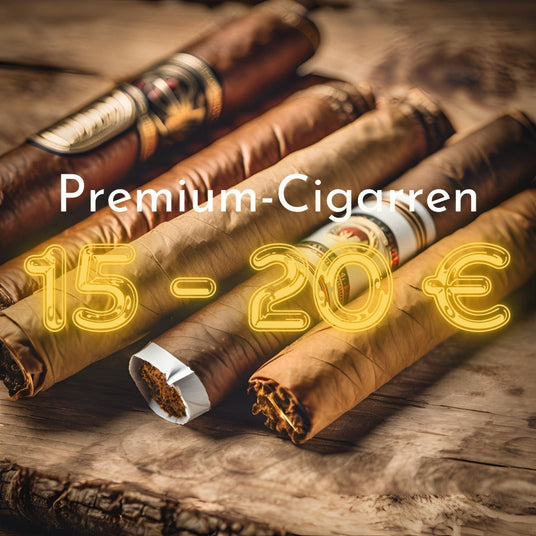 Exklusive Zigarren von 15 bis 20 Euro auf rustikalem Holztisch.