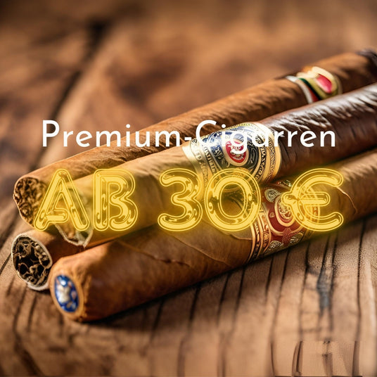 Luxus-Cigarren ab 30 € auf Holztisch mit Neon-Schrift
