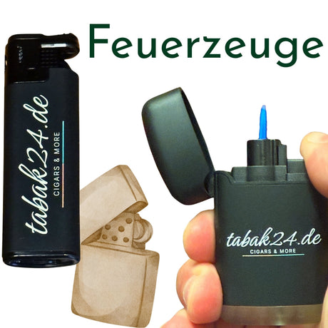 Zwei Jetflame-Feuerzeuge von tabak24.de mit Flamme und Logo, daneben Feuerzeug-Icon und Schriftzug „Feuerzeuge“