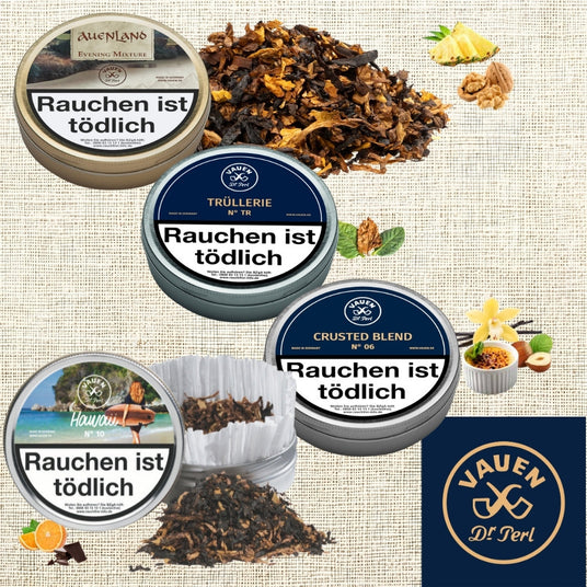 VAUEN Pfeifentabak Kollektion mit Crusted Blend, Trüllerie, Hawaii und Auenland