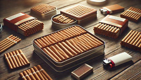 Zigarillos in Metall- und Pappschachteln – edle Kleinzigarren auf Holztisch