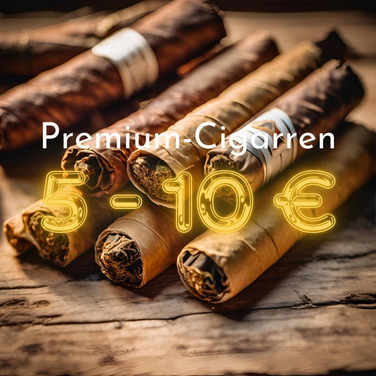 Premium-Zigarren für 5 bis 10 Euro auf rustikalem Holztisch.